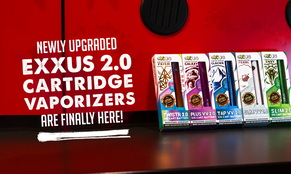 Newly Upgrade Exxus 2.0 Cartridge Vaporizers are Finally Here, with Exxus 2.0 Vapes standing against red display